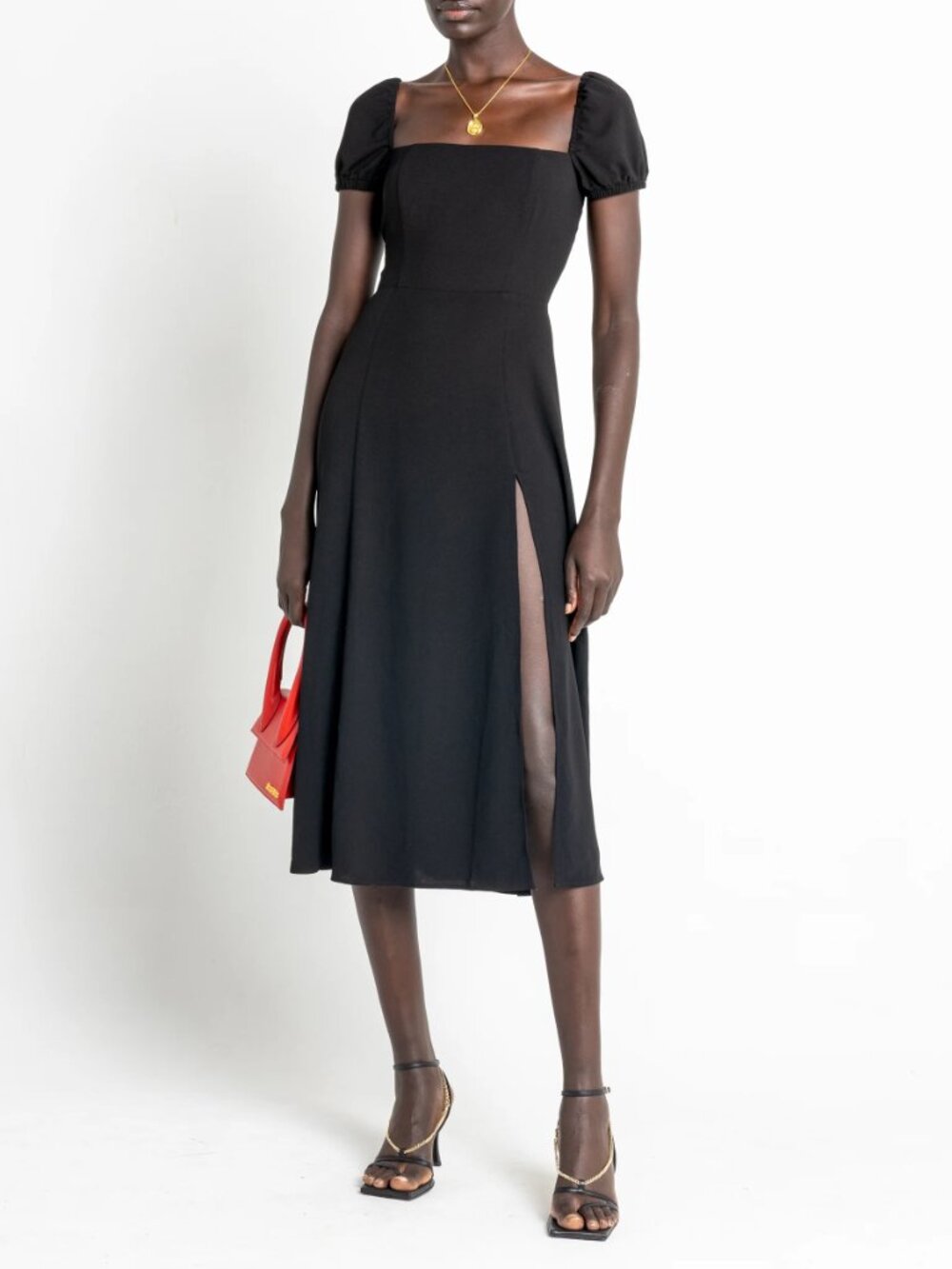 Few Moda Cyra Crepe Midi Dress Puff Sleeve Side Slit NWT